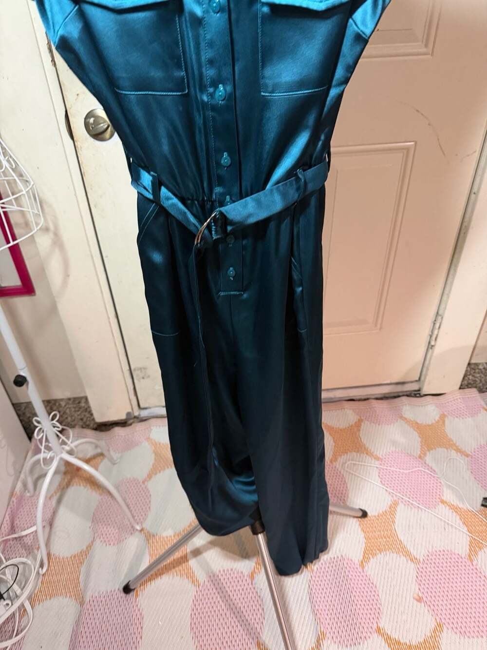 INC Teal Satin Sleeveless Button Front Belted Jumpsuit Size 6